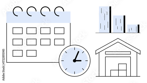 Calendar with highlighted days, clock, upward-trending bar graph, and warehouse with boxes. Ideal for supply chain, planning, inventory, scheduling, time management productivity data analysis