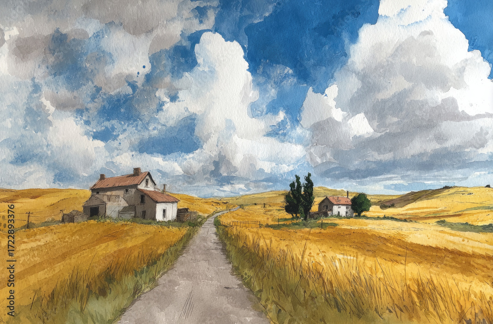 Obraz premium A watercolor painting of a country farm landscape with houses and a wheat field