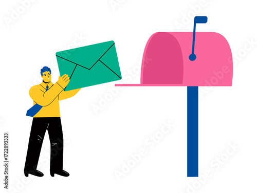 Business man holding envelope inserting into mail box. Flat vector illustration isolated on white background