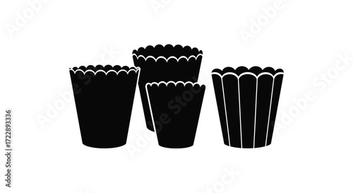 Set of four black textured cylindrical containers with decorative rim isolated on white vector