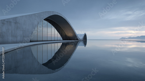 Futuristic Brutalist Building with Water Reflection