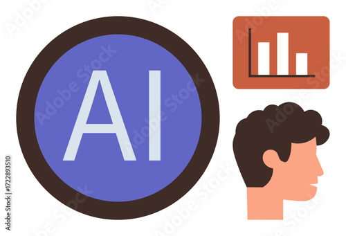 AI badge in bold circle, male head in profile, and bar graph chart highlighting technology, analysis, and human connection. Ideal for innovation, tech, data, insight research progress simple flat