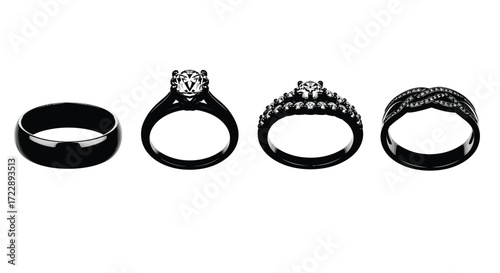 Collection of four distinctive rings showcase various styles and designs vector