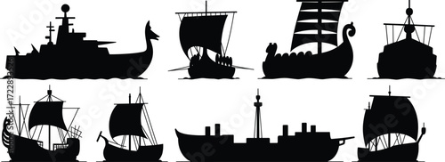 Ship silhouettes, black and white vector, boat illustration, maritime design, naval vessel icon, sailing art, stock image, historical transport, sea travel, ocean drawing