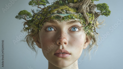 Surreal Portrait of Girl with Forest Growing from Head
