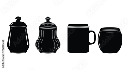 Set of four black ceramic kitchenware items including jars and mugs isolated vector