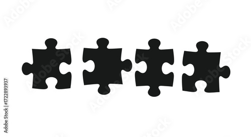 Four black silhouette puzzle pieces forming a row for connection and teamwork vector