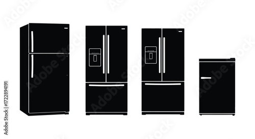 Collection of modern black refrigerators isolated on white for appliance design and marketing vector