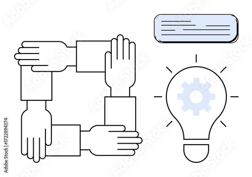 Four hands forming a square, light bulb with gear, horizontal bar design. Ideal for teamwork, collaboration, problem-solving, innovation, leadership strategy professional synergy. Simple flat