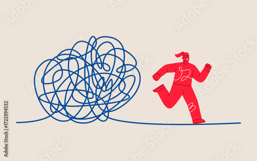 Woman run came out of the tangle. Difficult situation concept. Colorful vector illustration