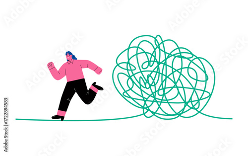Difficult situation concept. Business woman run came out of the tangle. Flat vector illustration isolated on white background