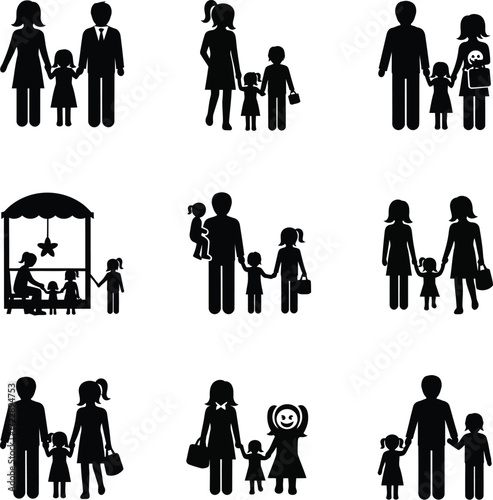 Collection of family silhouettes depicting various family structures and activities in black