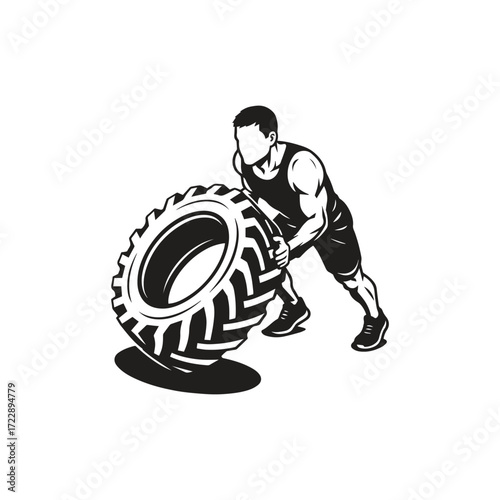 black and white vector illustration of a Powerful athletic man performing intense tire flipping