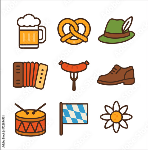 A flat 2D Oktoberfest icon set featuring bold outlines, bright solid colors