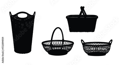 Set of four assorted woven baskets silhouette isolated on white surface for storage and decoration vector