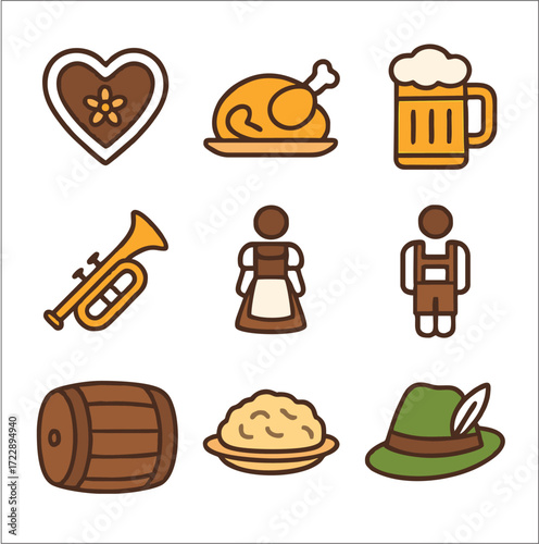 A flat 2D Oktoberfest icon set featuring bold outlines, bright solid colors