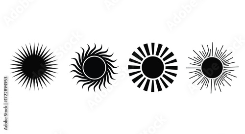 Four stylized black sunburst designs with radiant rays and circular patterns vector