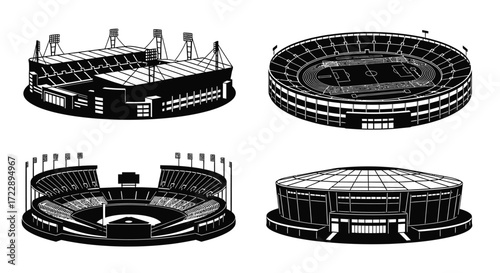 Set of four diverse stadiums and arenas seen from above and side views vector