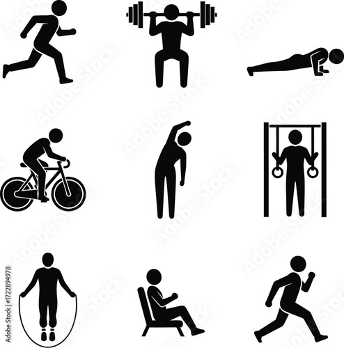 Fitness and exercise icons representing various physical activities for health and wellness