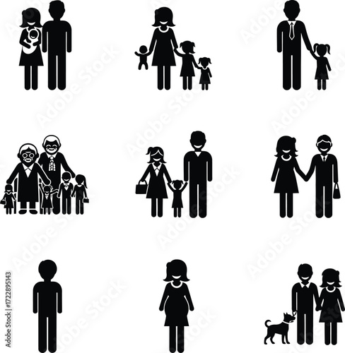 Diverse family structures illustrated through black silhouette icons on a white background