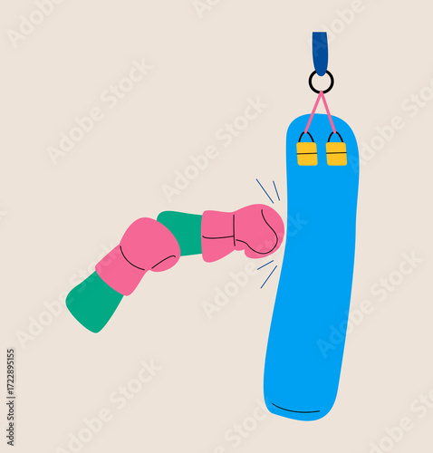 Hands punching sandbag. Muaythai boxing training concept. Colorful vector illustration