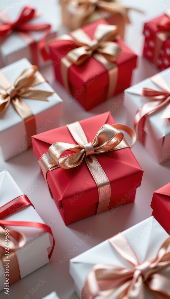 Obraz premium Red gift box with golden ribbon and festive wrapped presents