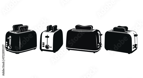 Four sleek modern black toasters lined up for delicious breakfast toast preparation vector