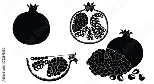 Pomegranate collection whole fruit cut halves and arils silhouette graphic elements vector