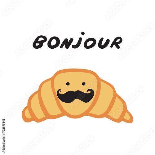 Funny Mustache Croissant Saying Bonjour. Cute French character, simple fun vector illustration for hello design, isolated on white background.