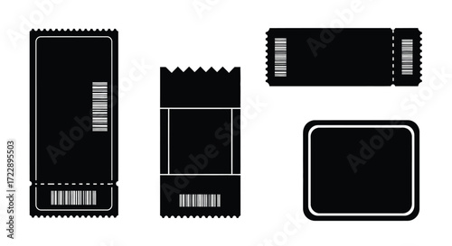 Collection of silhouetted tickets showing barcodes and perforations for entry and access vector