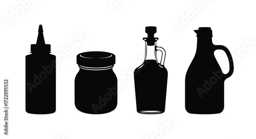Four silhouette food containers showing various bottles and jars for sauces and oils vector