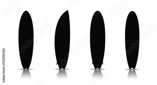 Four silhouetted surfboards showing different angles and shapes displayed on a white surface vector