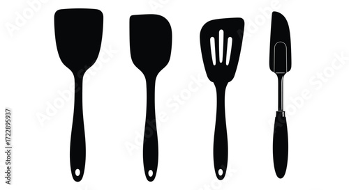 Set of four black kitchen spatulas and turners silhouettes isolated on vector