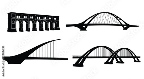 Architectural silhouettes of four distinct bridge designs showcasing engineering marvels vector