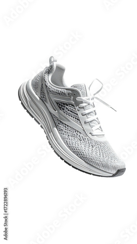 Light gray running shoe,  isolated,  floating,  high-angle