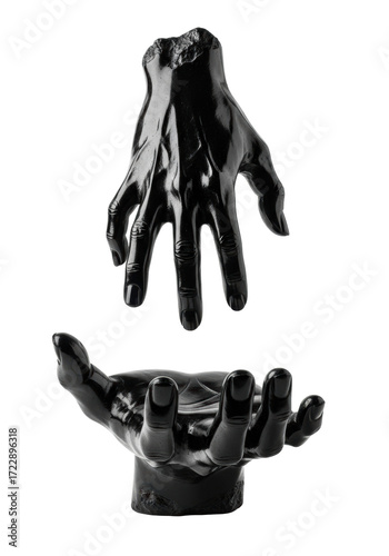 Meticulously sculpted dark obsidian hands with primal texture, upper splayed above lower upturned, against transparent background with copy space, evoking ancient mystical energy