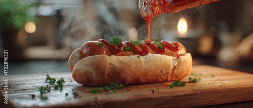 The delicious hotdog topped with ketchup and garnished with fresh herbs.