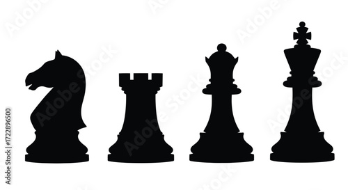 Silhouette of knight rook queen and king chess pieces for strategy and game play vector