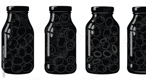 Four glass jars filled with black olives detailed product photography vector
