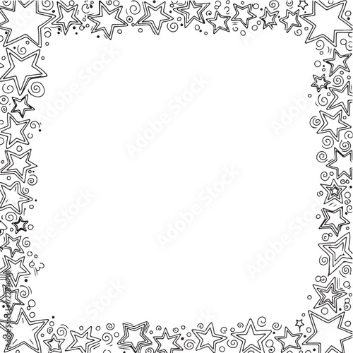 Hand Drawn Stars and Swirls Doodle Border on White Background