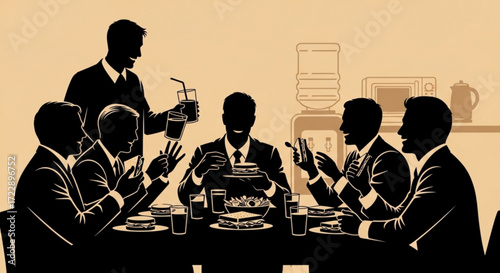 Silhouette of group of business people having lunch together in an office breakroom setting at a table