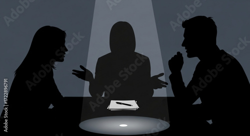 Silhouette of a couple in conflict with a mediator at a table with documents and a pen under a spotlight