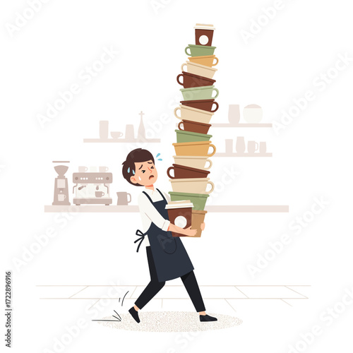 Overwhelmed young barista sweating while struggling to carry a dangerously tall stack of coffee cups, a metaphor for workplace stress and burnout