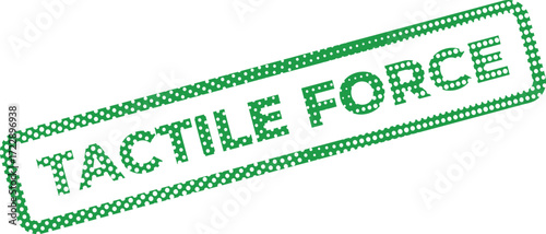 Green rectangle featuring the words tactile force filled with tiny white circles on white