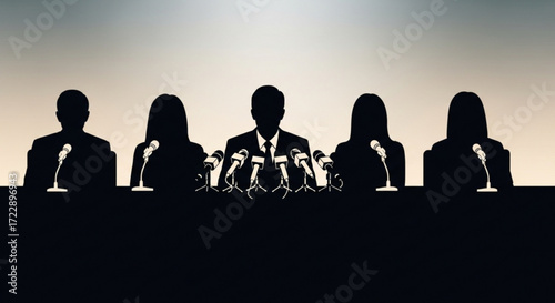 Silhouette of five people at a press conference with microphones in front of them on a light background