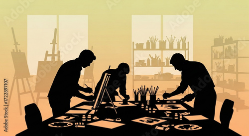 Silhouette of artists painting in a studio with easels and art supplies in the background and foreground