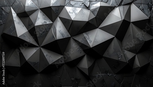 Abstract polygonal texture in dark gray with light reflections creating a geometric landscape of sharp triangles on a cracked background