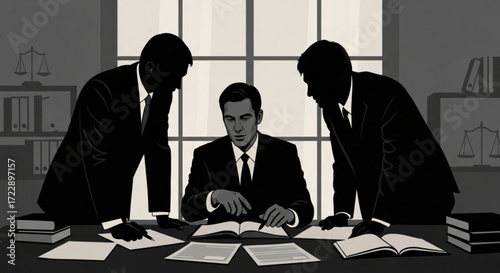 Three lawyers in suits reviewing documents and books at a table in an office setting with scales
