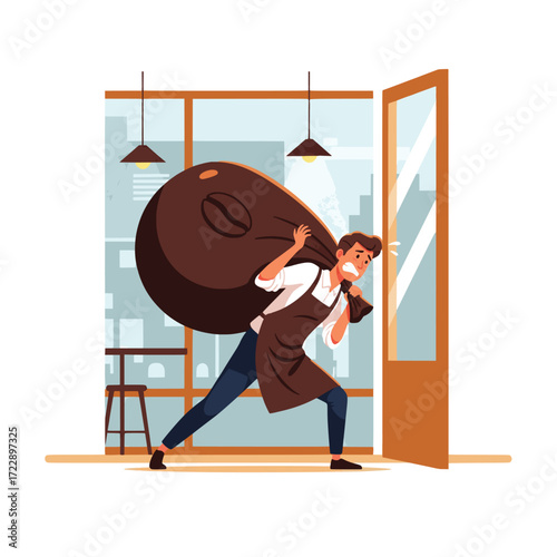 Barista struggling to carry large bag of coffee beans out of cafe, cartoon illustration