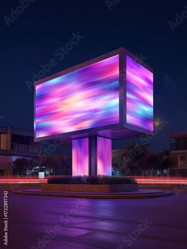 Digital art piece that appears to be a 3d rendering of a cube-shaped structure in the middle of a street at night.